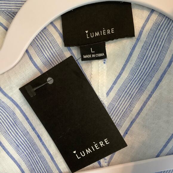 Lumiere Blue White Striped Tunic Top Long Sleeve Split Collar Large NWT - Picture 5 of 7